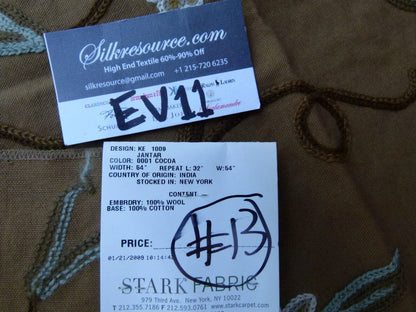 43 Ev11 Scalamandre Showroom Sample 35"x28" Jantar Cocoa Brown Green Floral Crewel Embroidery Cotton Wool #13