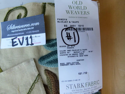 45 Ev11 Scalamandre Showroom Sample Square Pandya Bluejay Taupe Crewel Embroidery Floral #1