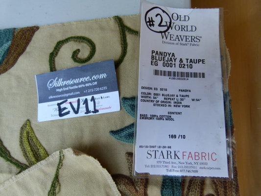 46 Ev11 Scalamandre Showroom Sample Square Pandya Bluejay Taupe Crewel Embroidery Floral #2