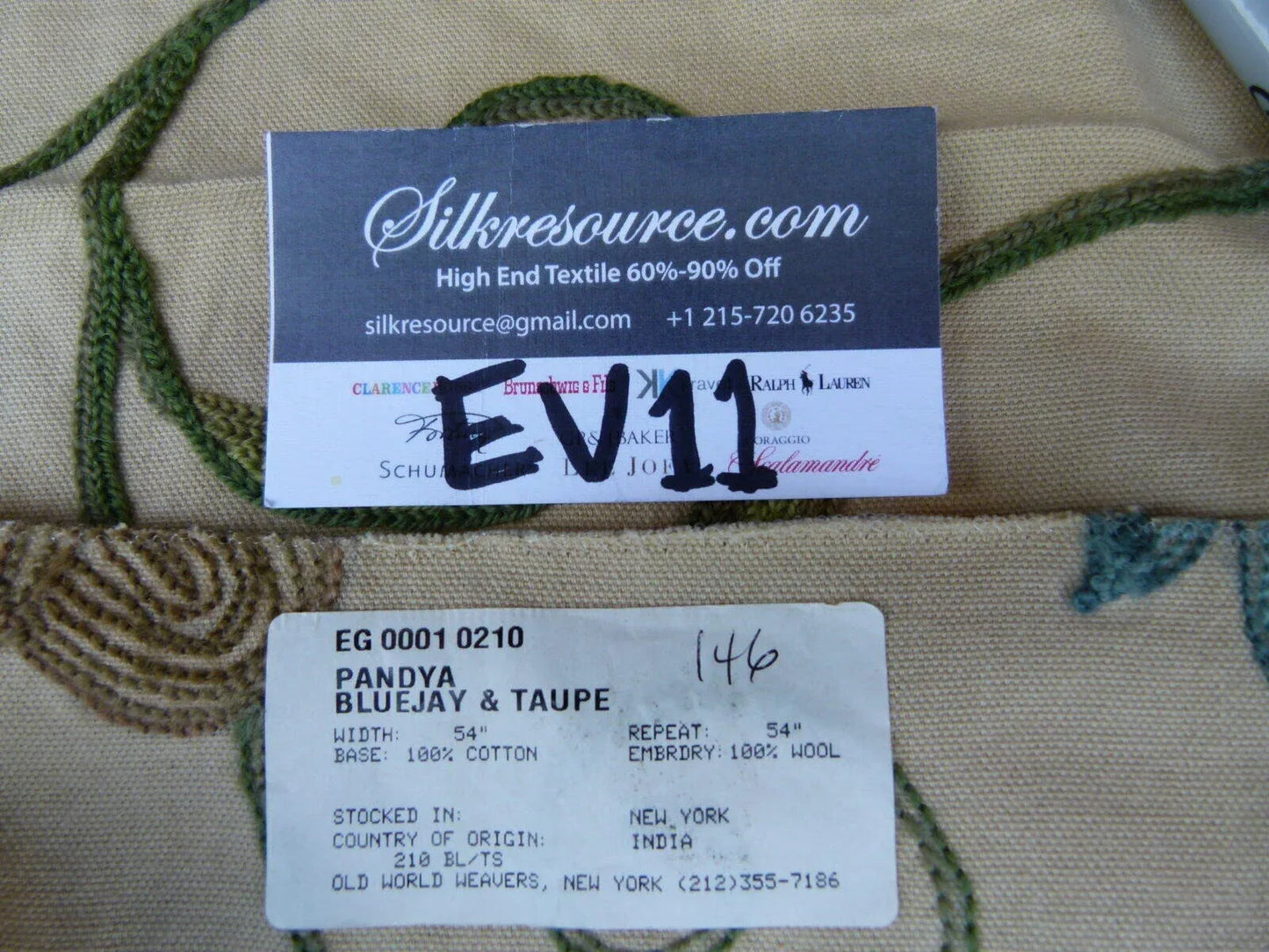 47 Ev11 Scalamandre Showroom Sample Square Pandya Bluejay Taupe Crewel Embroidery Floral Minor Defect