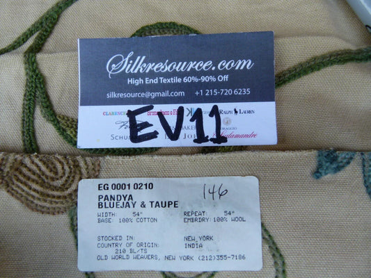 47 Ev11 Scalamandre Showroom Sample Square Pandya Bluejay Taupe Crewel Embroidery Floral Minor Defect