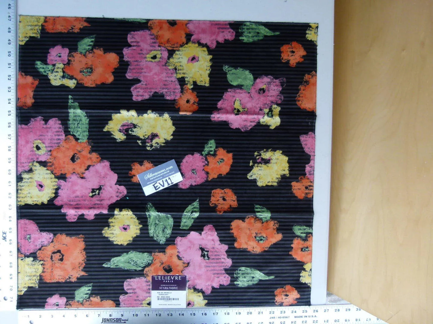 54 Ev11 Scalamandre Showroom Sample Square Rue De Grenelle Coquelicot Black Pink Orange Floral Stripe Cotton Velvet
