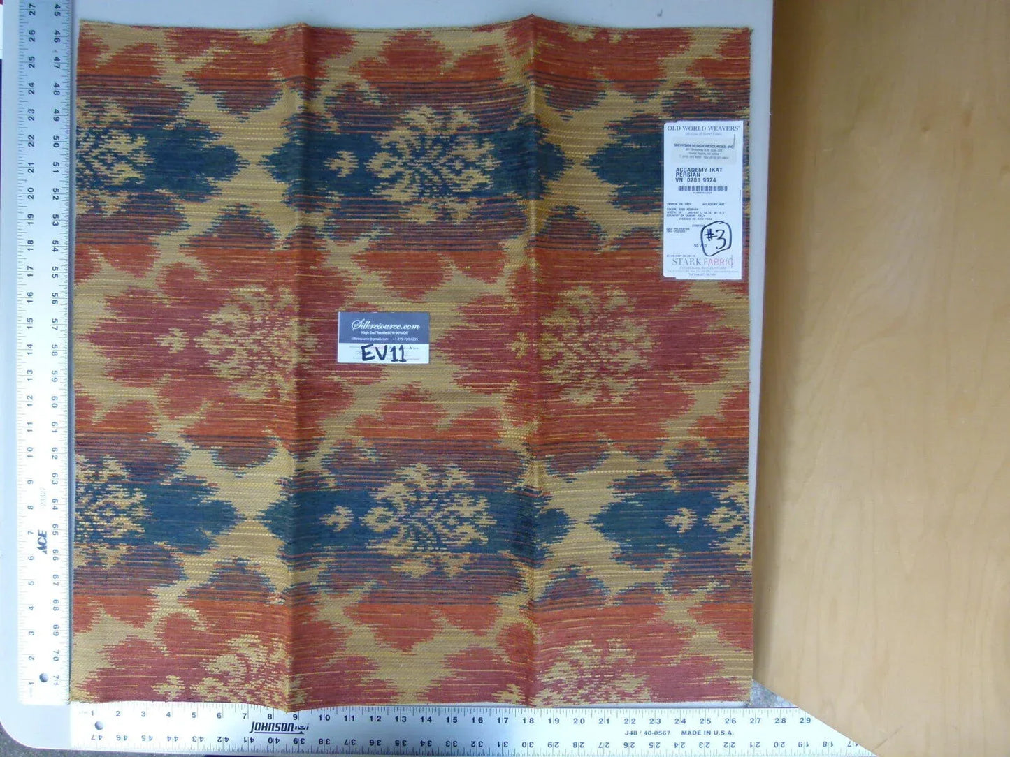 61 Ev11 Scalamandre Showroom Sample Square Academy Ikat Persian Blue Tan Red Woven #3 Bag2