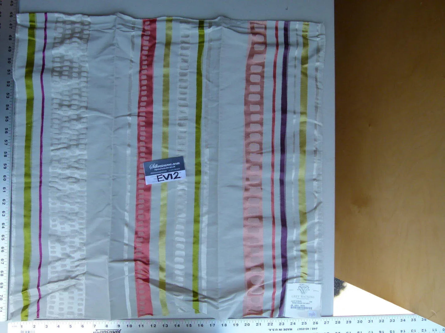 7 Ev12 Scalamandre Showroom Sample Square Jazzy Stripe Rose Cream Grey Silk Linen