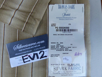 20 Ev12 Scalamandre Showroom Sample Square Lindy Beige Cotton Linen Stripe