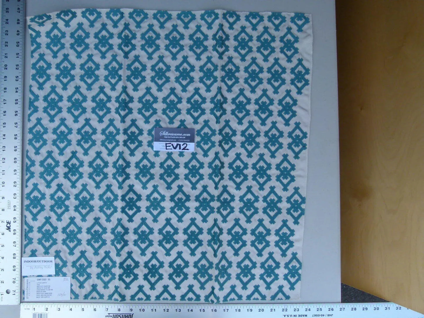 27 Ev12 Scalamandre Showroom Sample Square Little Clintch Teal Blue White Outdoor Geometric Reversible