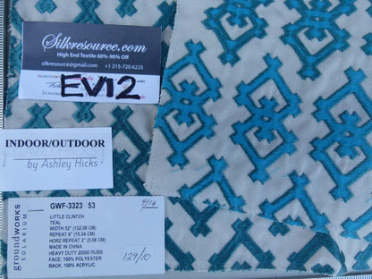 27 Ev12 Scalamandre Showroom Sample Square Little Clintch Teal Blue White Outdoor Geometric Reversible