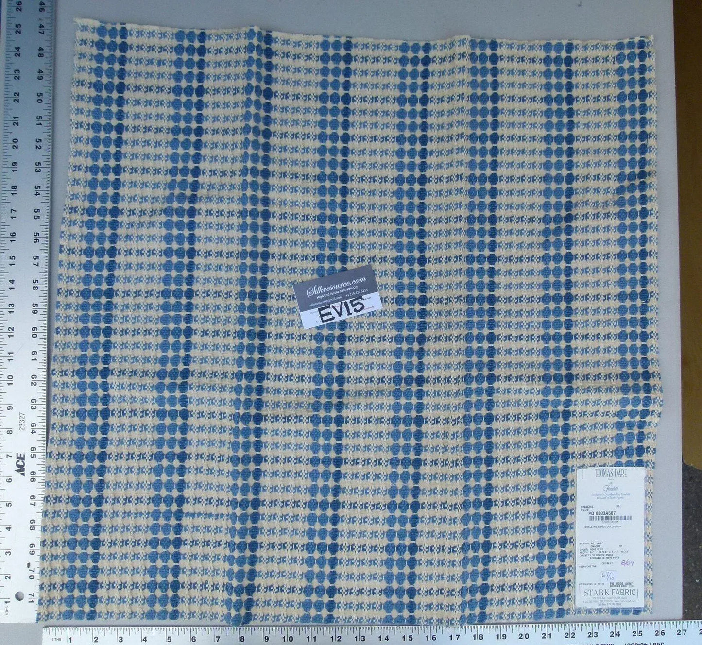 3 Ev15 Scalamandre Showroom Sample Square Chacha Blue Tan Cotton Embroidery Thomas Dare Collection