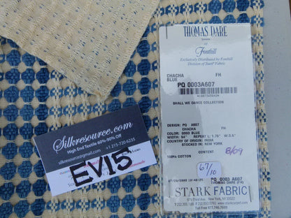 3 Ev15 Scalamandre Showroom Sample Square Chacha Blue Tan Cotton Embroidery Thomas Dare Collection