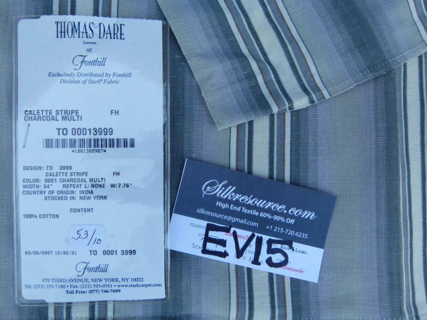 48 Ev15 Scalamandre Showroom Sample Square Calette Stripe Charcoal Multi Grey Cotton