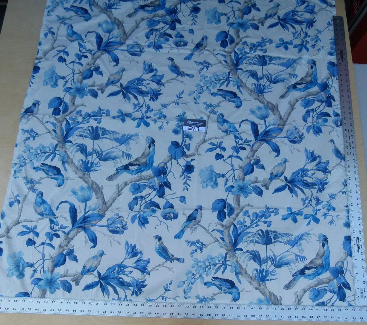 1 Ev17 Scalamandre Sample Berlize Blue Bird Cotton Print  Tropical Tree Flora And Birds 1.4 Yards MSRP USD 454/Y