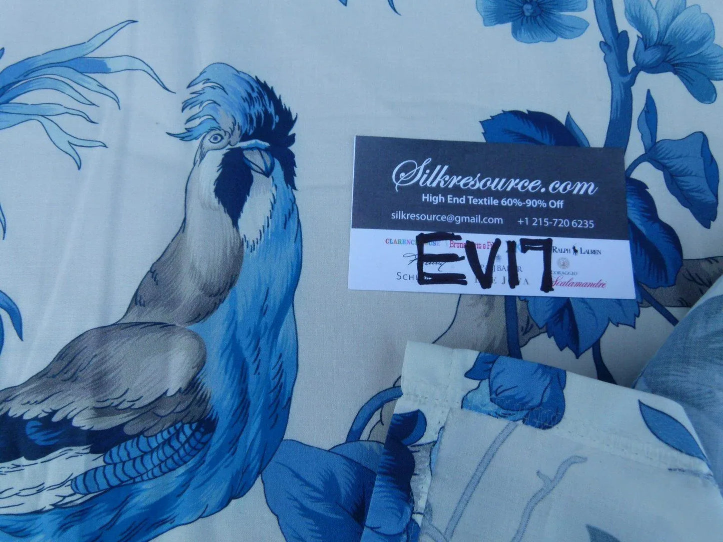 1 Ev17 Scalamandre Sample Berlize Blue Bird Cotton Print  Tropical Tree Flora And Birds 1.4 Yards MSRP USD 454/Y