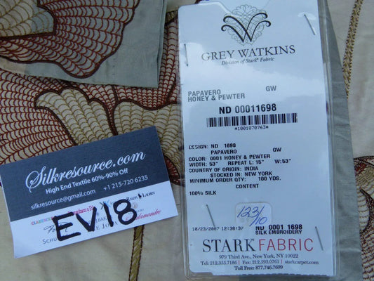 3 Ev18 Scalamandre 2.1y Papavero Honey And Pewter Silk Large Poppy Flowers Floral Stripe Embroidered Blue Beige Gold
