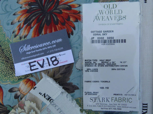 9 Ev18 Scalamandre 1.2y Cottage Garden Coral Sky Exotic Flower Linen Blend Print