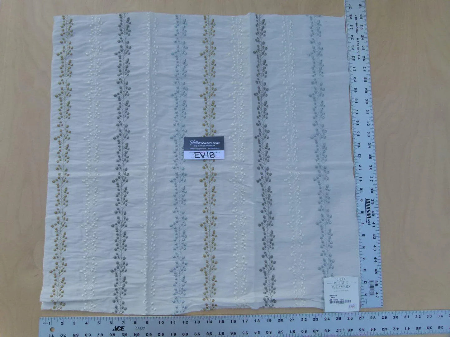 15 Ev18 Scalamandre 26"x26" Tendrils Haze Ivory Tan Blue Linen Embroidered Leaf Dot Stripe