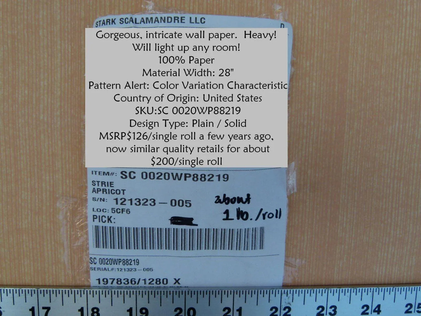 Scalamandre Aria Strie Apricot Wallpaper 5 Yards Single Roll MSRP USD 126/single Roll