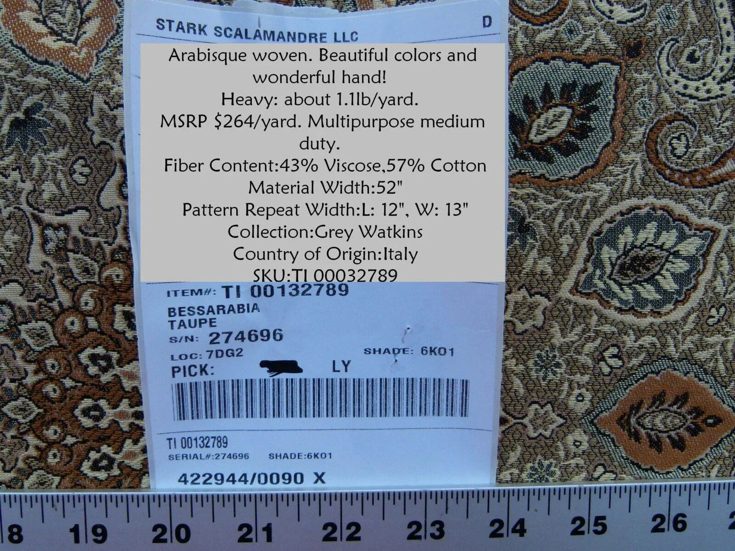 Scalamandre Bessarabia Grey Watkins Taupe Arabic Brocade Old World Weavers MSRP USD 264/Y