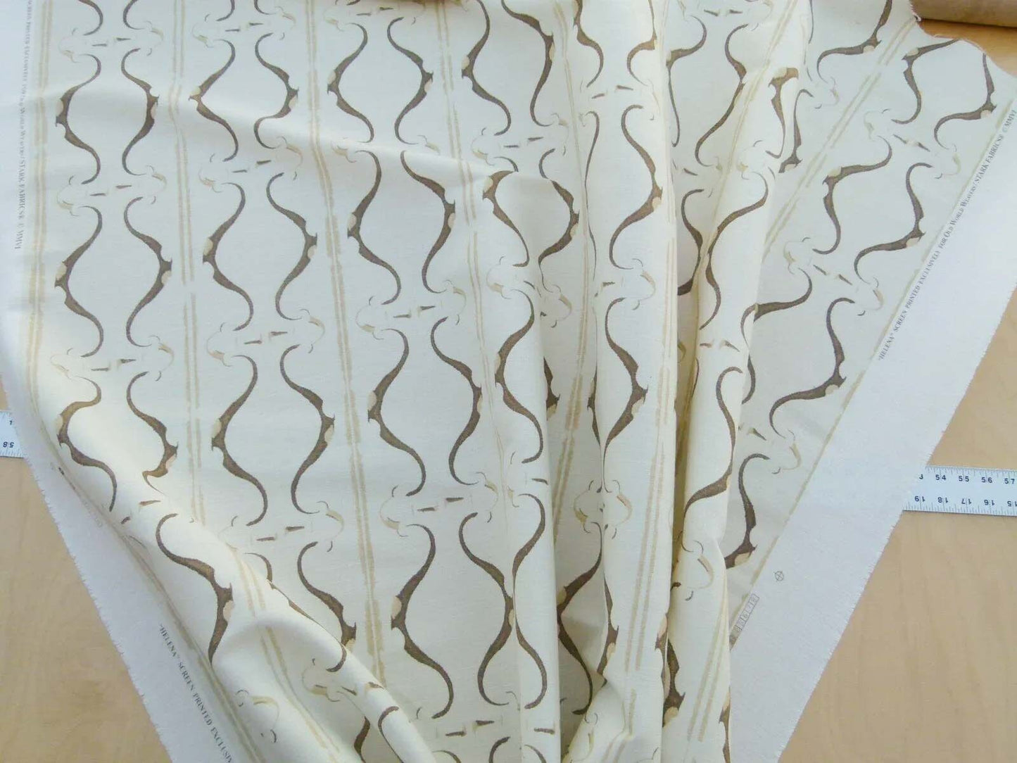 Scalamandre Helena Print Sea Spray Mocha Brown on Cream Ikat Ancient Ruins Greek Urn Linen MSRP USD 184/Y  Old World Weavers