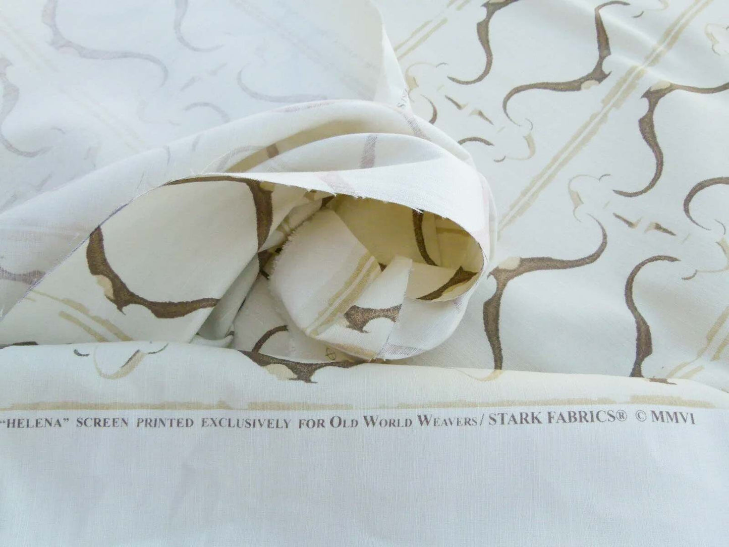 Scalamandre Helena Print Sea Spray Mocha Brown on Cream Ikat Ancient Ruins Greek Urn Linen MSRP USD 184/Y  Old World Weavers