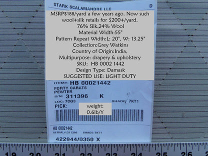 By Yd Scalamandre Forty Carats Pewter Taupe Grey Watkins Silk Wool Jacquard Diamond Harlequin MSRP USD 188/Y