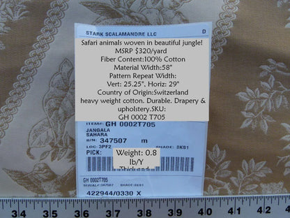 By Yard Scalamandre Jangala Sahara Tan Safari Animal Leopard Monkey Hummingbird MSRP USD 320/Y