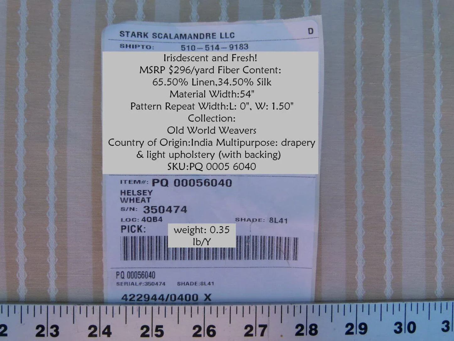 by yard Scalamandre Helsey Wheat Tan Beige Linen Silk Iridescent Stripe MSRP USD 296/Y