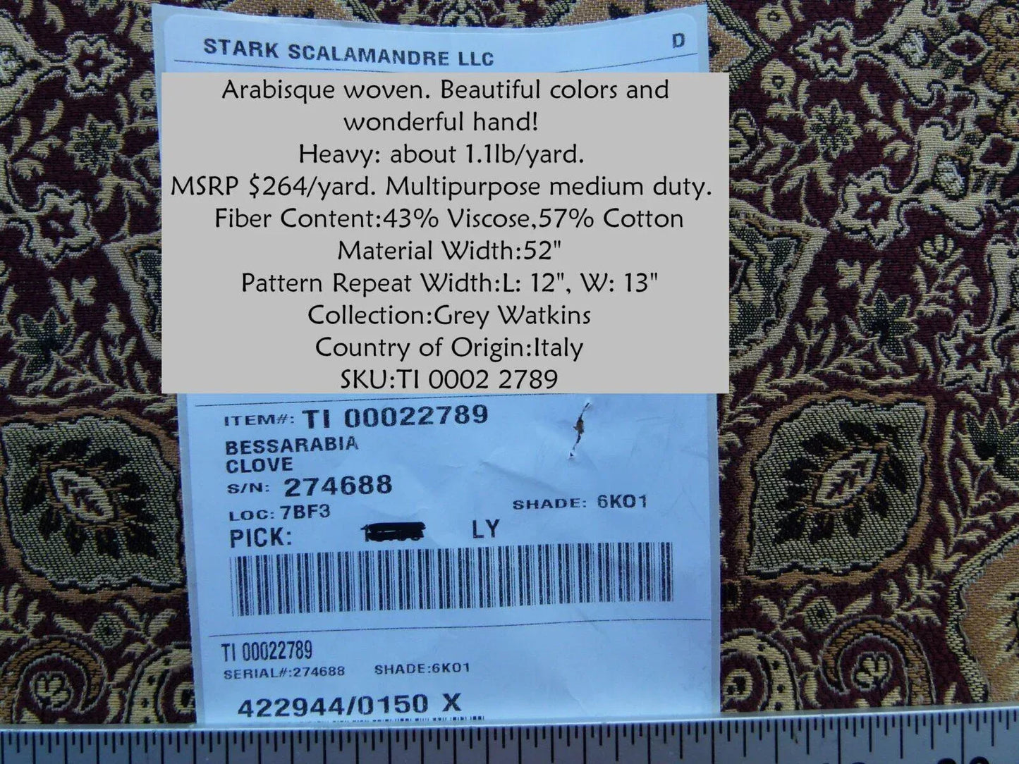 Scalamandre Bessarabia Grey Watkins Clove Dark Burgundy Arabic Brocade Old World Weavers MSRP USD 264/Y