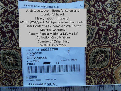 Scalamandre Bessarabia Grey Watkins Clove Dark Burgundy Arabic Brocade Old World Weavers MSRP USD 264/Y