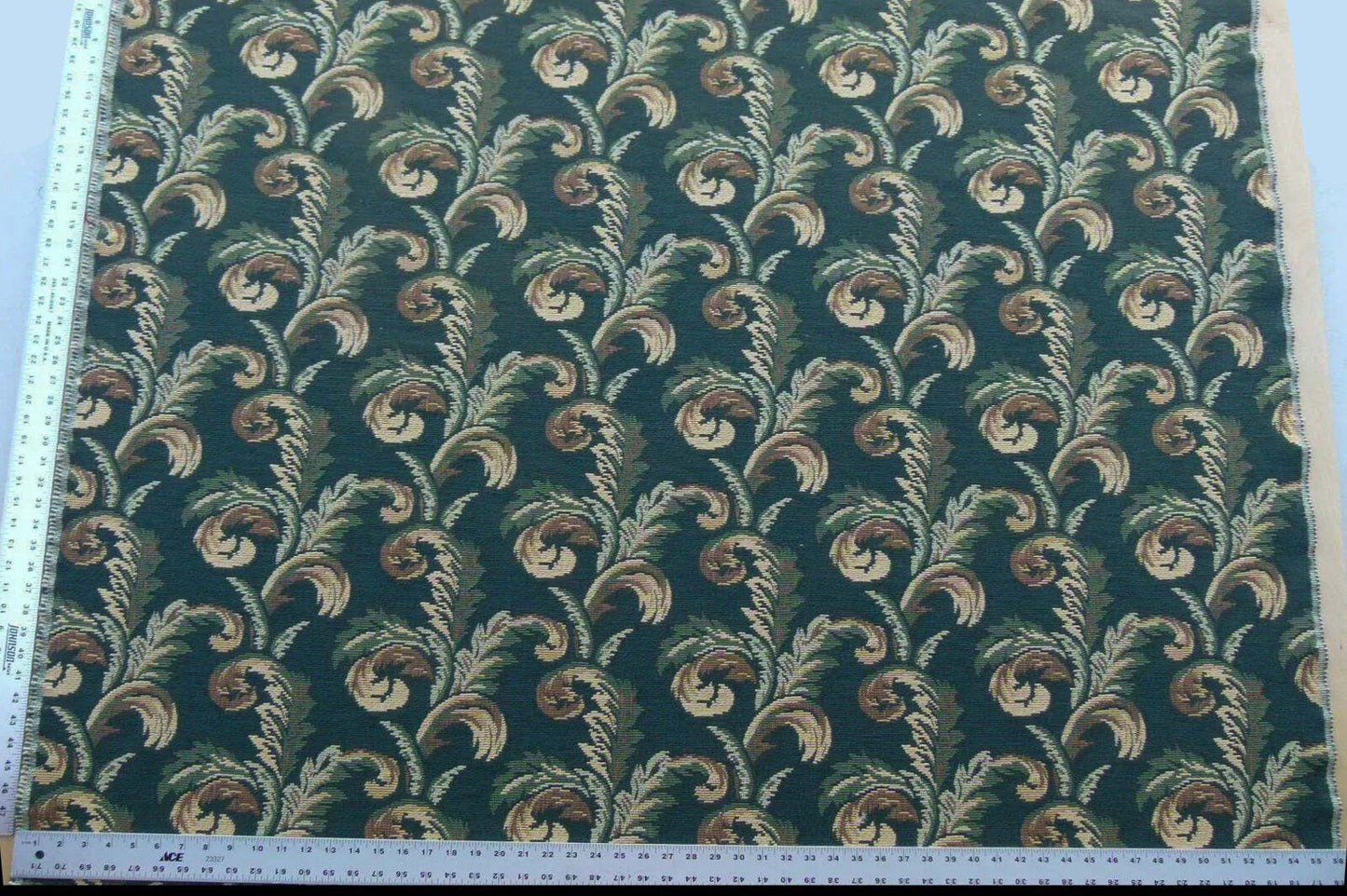 Scalamandre Amadeus Green Grey Watkins Woven Heavy Cotton Tapestry Feather Fern Foliage Leaf Green Gold MSRP USD 188/Y