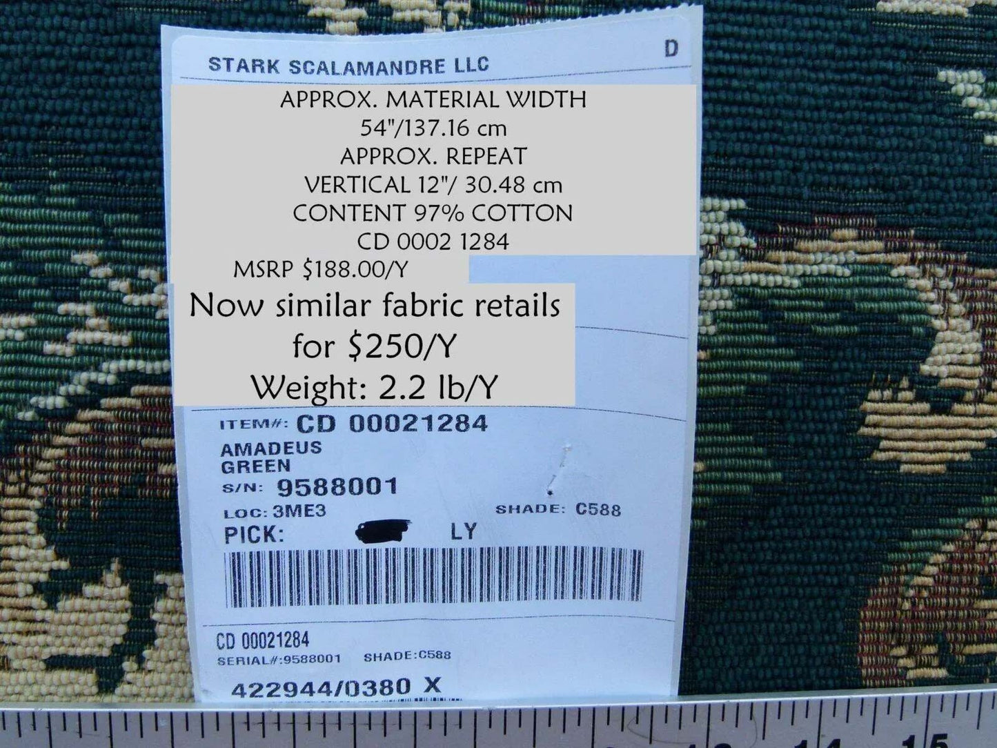 Scalamandre Amadeus Green Grey Watkins Woven Heavy Cotton Tapestry Feather Fern Foliage Leaf Green Gold MSRP USD 188/Y