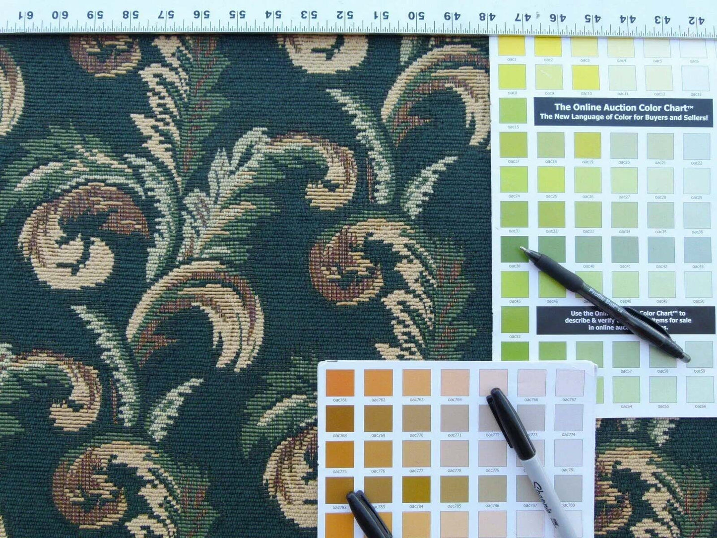 Scalamandre Amadeus Green Grey Watkins Woven Heavy Cotton Tapestry Feather Fern Foliage Leaf Green Gold MSRP USD 188/Y