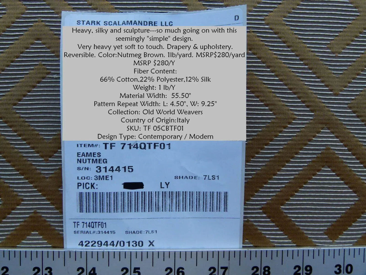 Scalamandre Eames Nutmeg Brown Gold Silk Woven Diamond Chenille  Old World Weavers MSRP USD 280/Y