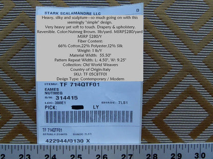 Scalamandre Eames Nutmeg Brown Gold Silk Woven Diamond Chenille  Old World Weavers MSRP USD 280/Y