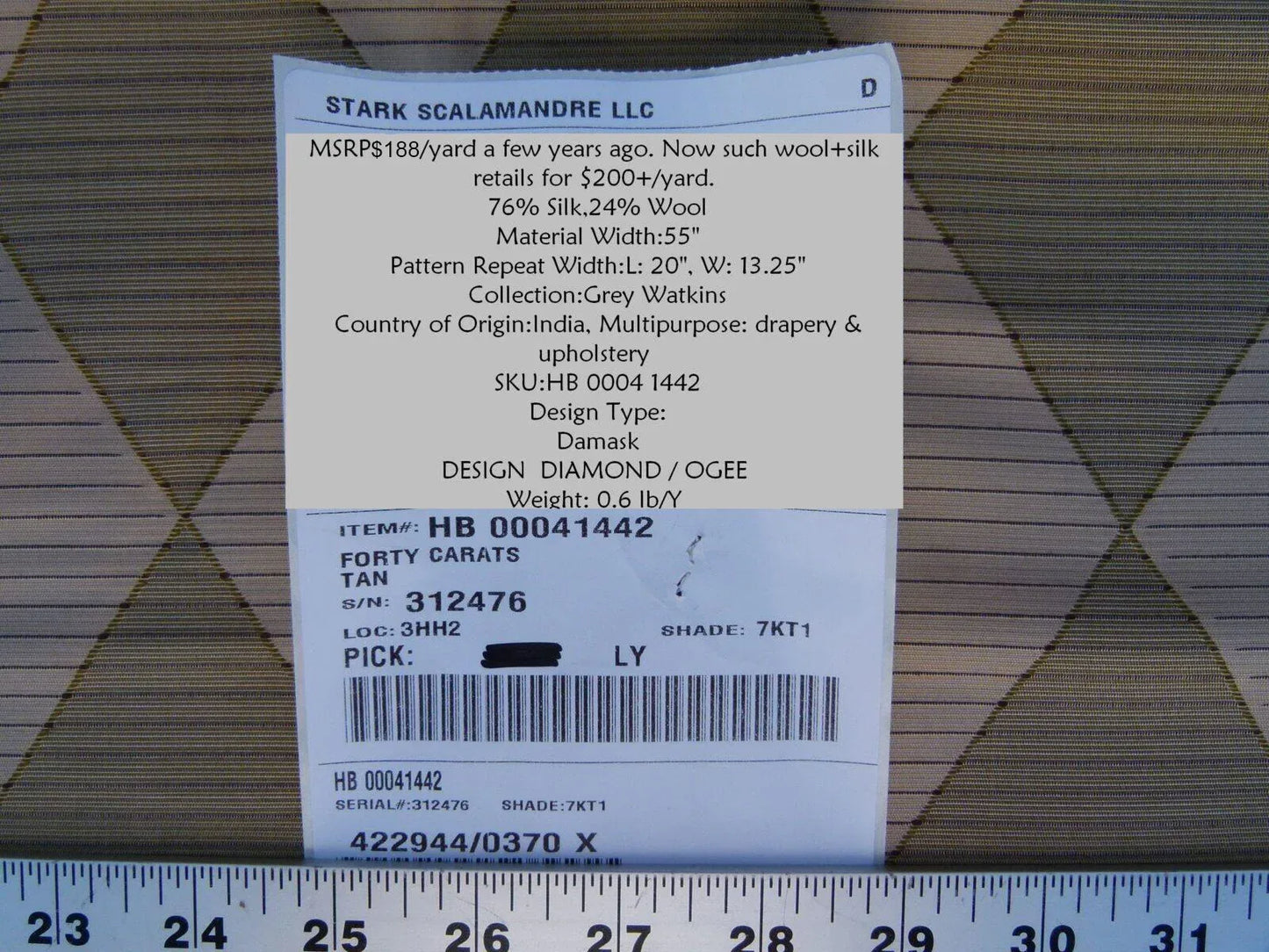 By Yd Scalamandre Forty Carats Tan Grey Silk Wool Jacquard Watkins Diamond Harlequin MSRP USD 188/Y