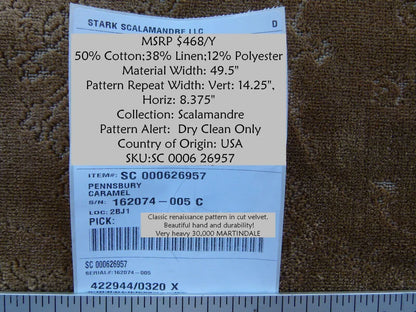 Scalamandre Pennsbury Caramel Warm Brown Beige Cut Linen Velvet Renaissance MSRP USD 504/Y