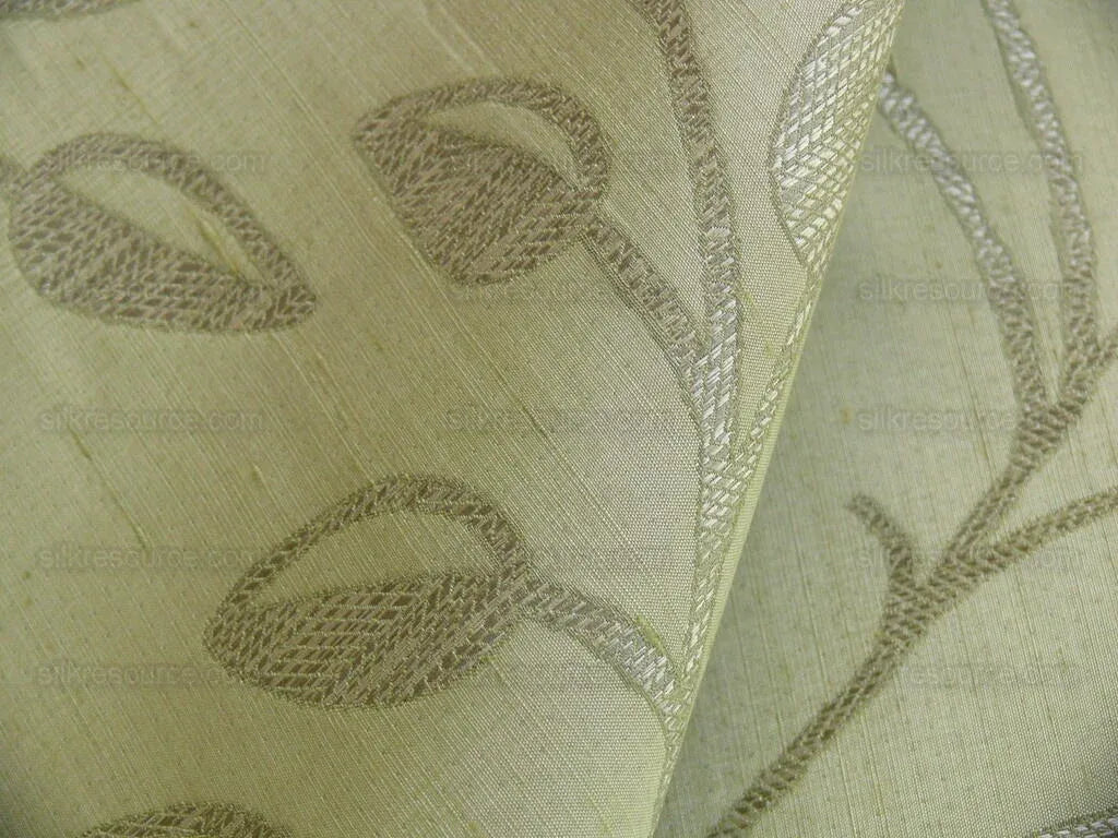High End Designer Silk & Linen Vine Green & Silver Grey Foliage Heavy!