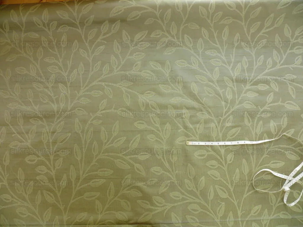 High End Designer Silk & Linen Vine Green & Silver Grey Foliage Heavy!