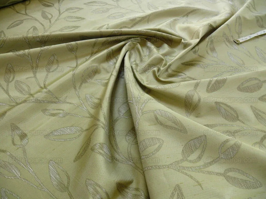 High End Designer Silk & Linen Vine Green & Silver Grey Foliage Heavy!