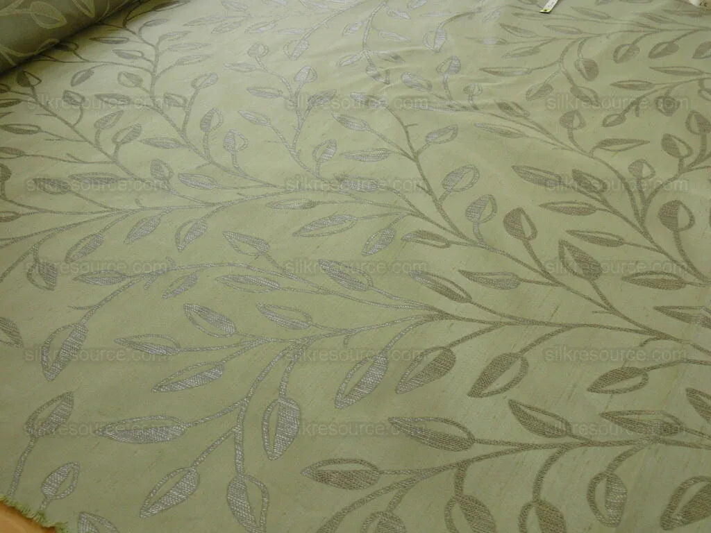 High End Designer Silk & Linen Vine Green & Silver Grey Foliage Heavy!