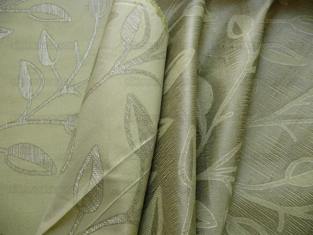 High End Designer Silk & Linen Vine Green & Silver Grey Foliage Heavy!