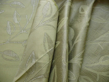 High End Designer Silk & Linen Vine Green & Silver Grey Foliage Heavy!
