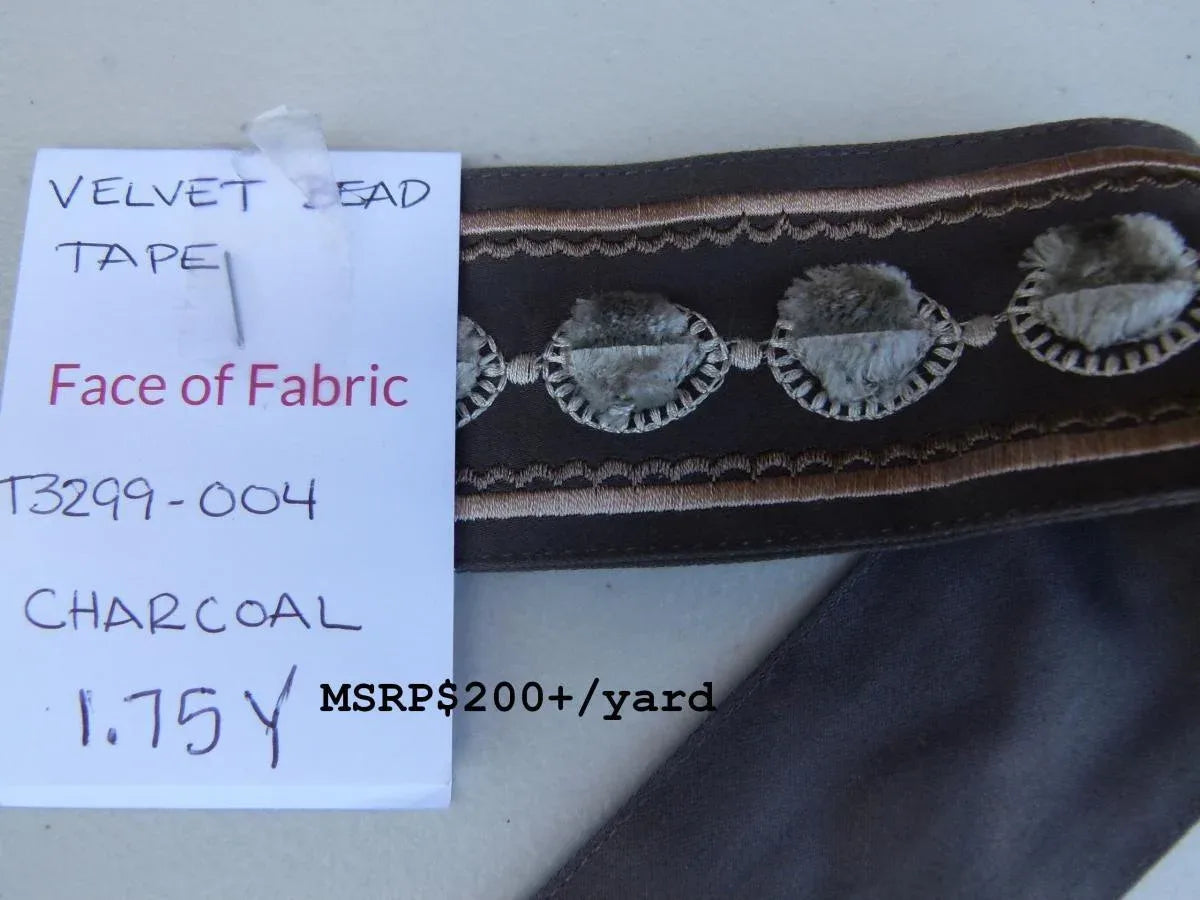 40 Ev21 Scalamandre Velvet Bead Tape Charcoal 1.75yard MSRP USD 200+/yard
