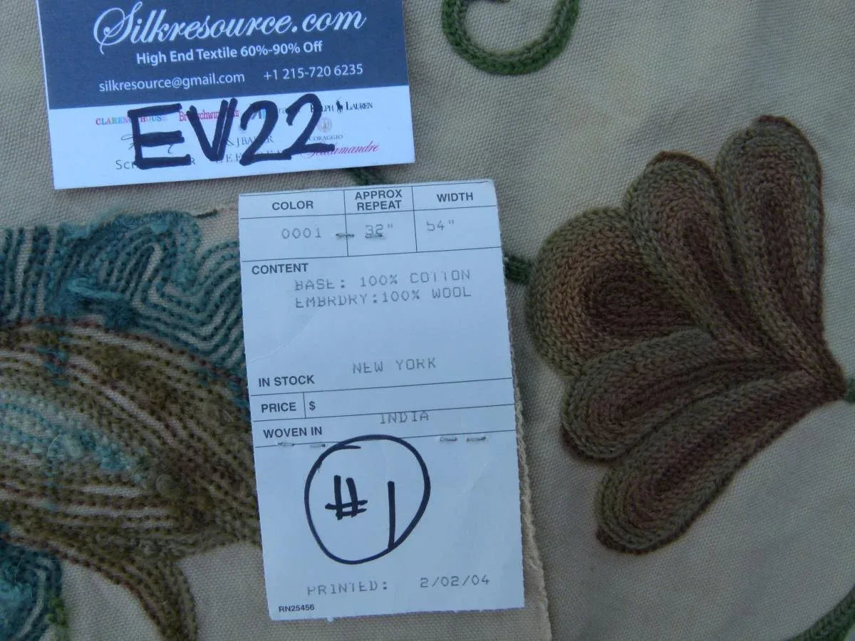 16 Ev22 Scalamandre Special Pieces 1yard Pandya Bluejay & Taupe Wool Embroidery On 100% Cotton