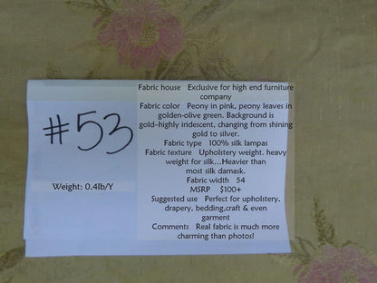 Stunning 100% Silk Lampas Pink Peony In Gold Drizzle Rain