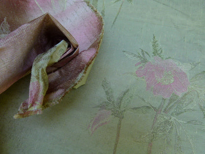 Stunning 100% Silk Lampas Pink Peony In Gold Drizzle Rain