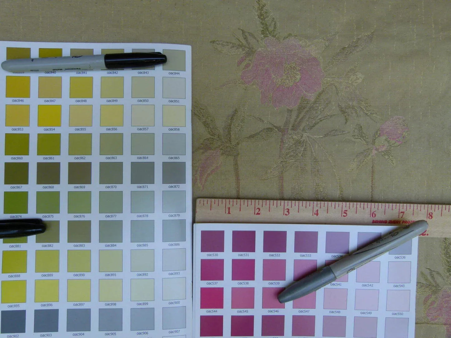 Stunning 100% Silk Lampas Pink Peony In Gold Drizzle Rain