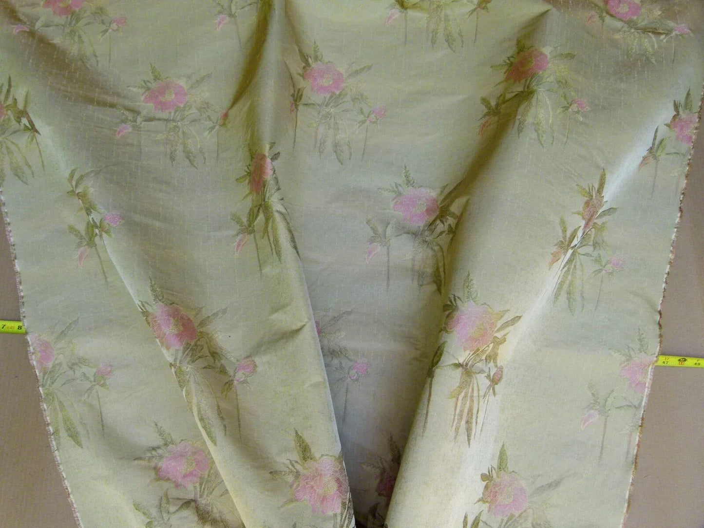 Stunning 100% Silk Lampas Pink Peony In Gold Drizzle Rain