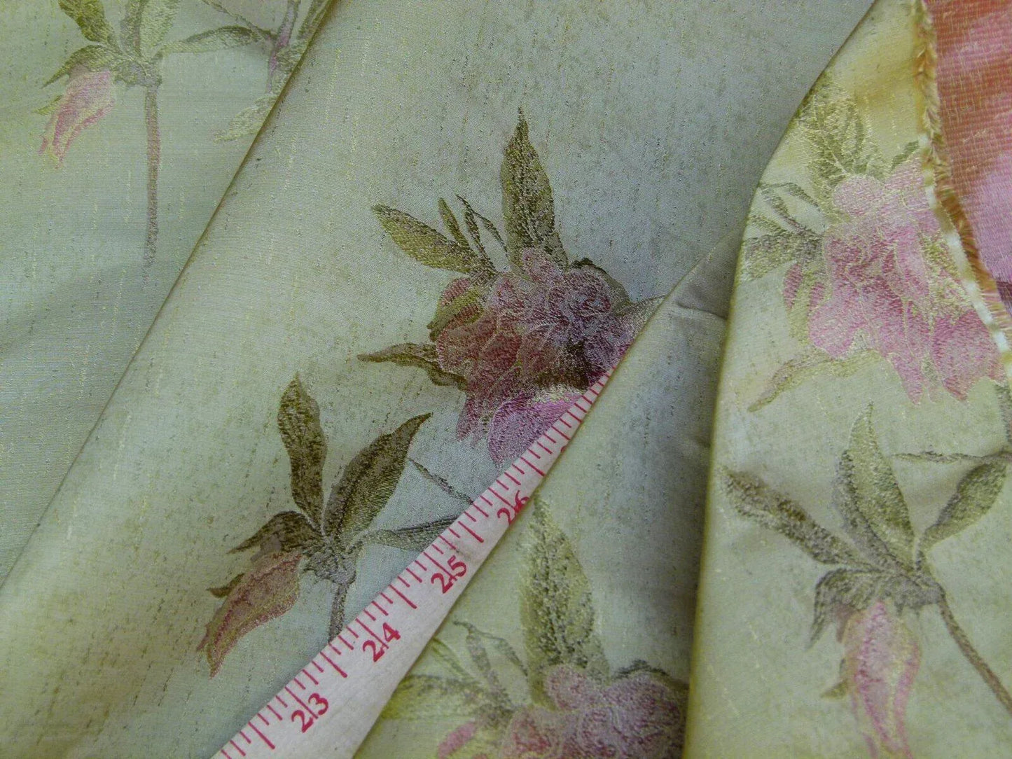 Stunning 100% Silk Lampas Pink Peony In Gold Drizzle Rain