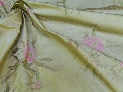 Stunning 100% Silk Lampas Pink Peony In Gold Drizzle Rain