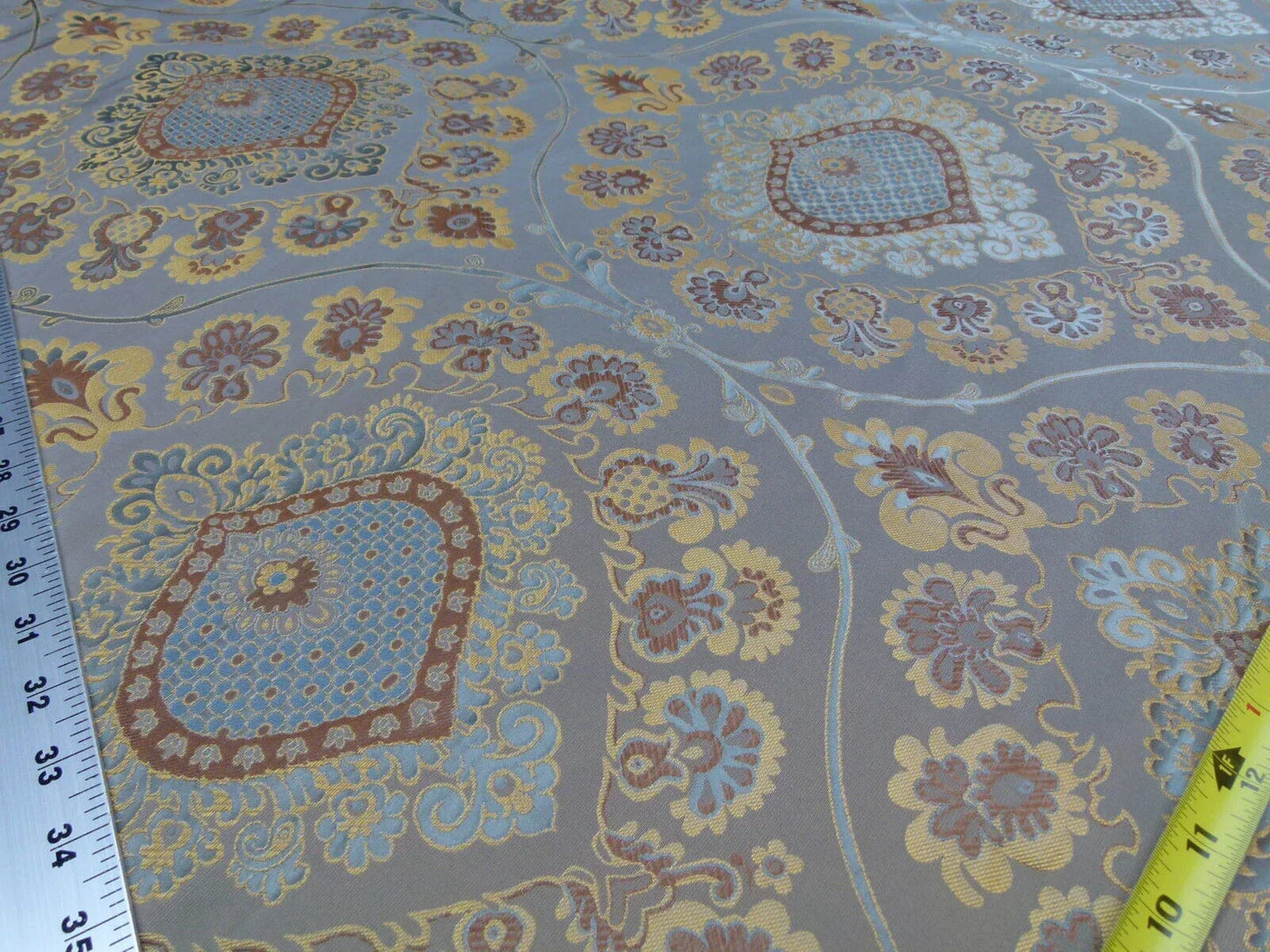 By Yd 100%silk Lampas Renaissance Medallion of Flora Dusk Taupe Gold Brown Blue